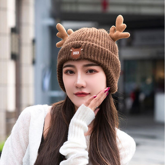 Plush Cotton Knitted Deer Antlers Winter Beanie