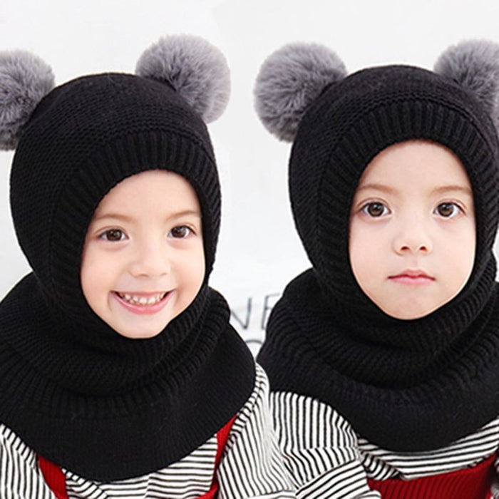 Children's Double Warm Lining Pom Pom Hat & Mask Combo