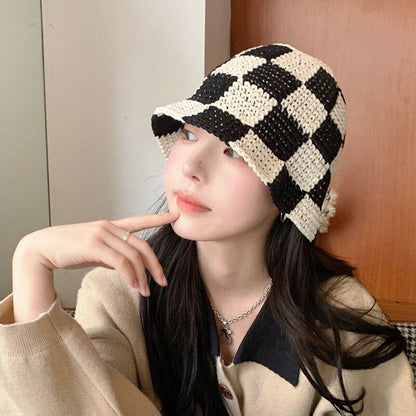 Pure Cotton Knitted Winterized Checkered Bucket Hat