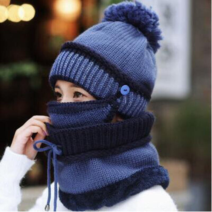Winter Thickened Warm Fleece Knitted Beanie And Mask Combo