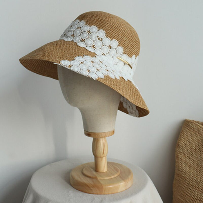 Women's Panama Styled Breathable Straw Lace Patterned Bucket Hat