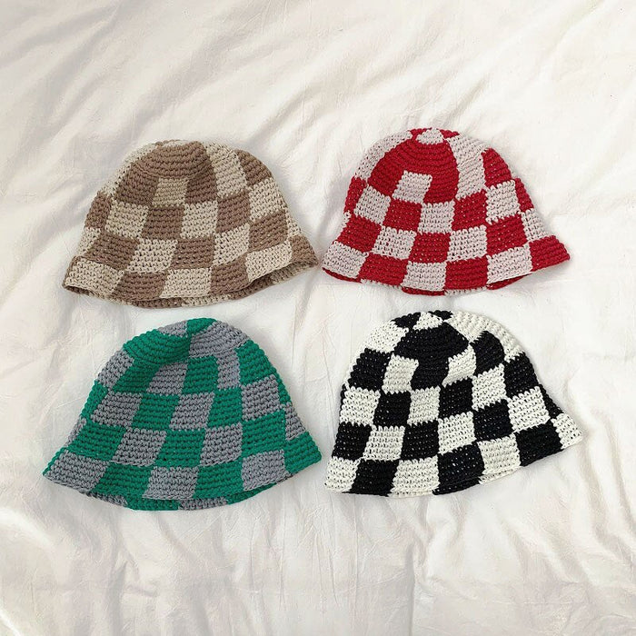 Pure Cotton Knitted Winterized Checkered Bucket Hat