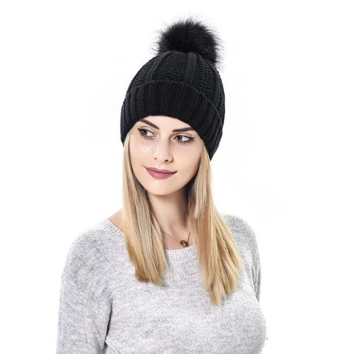 Faux Fur Beanie Pompom Hats For Women
