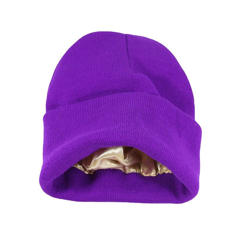 Winter Silk Satin Lined Solid Knitted Beanie Hats