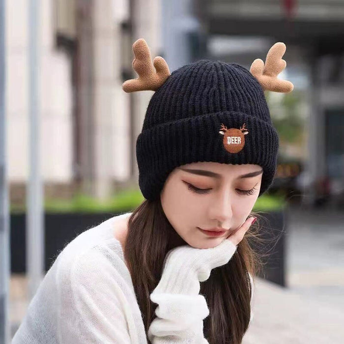 Plush Cotton Knitted Deer Antlers Winter Beanie