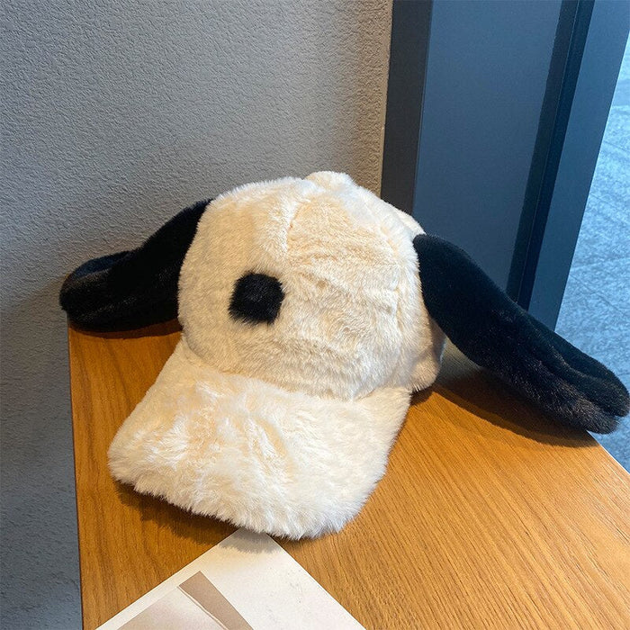 White & Black Furry Dog-Eared Baseball Cap