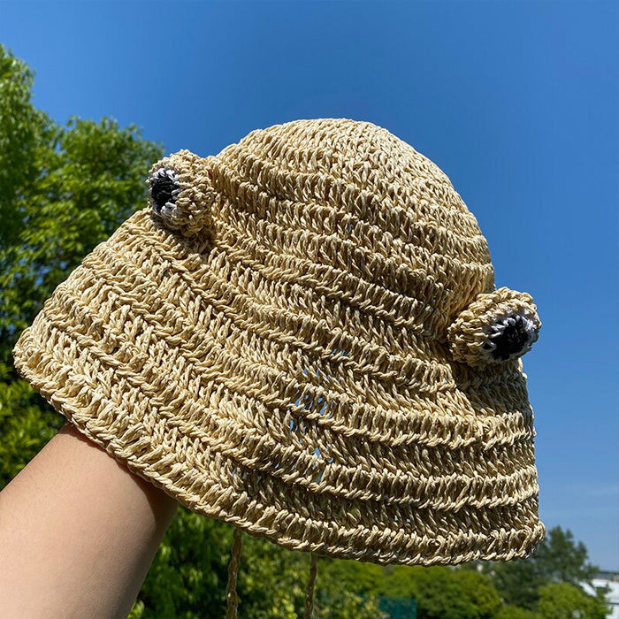 Straw Knit Frog Pom Pom String Hat