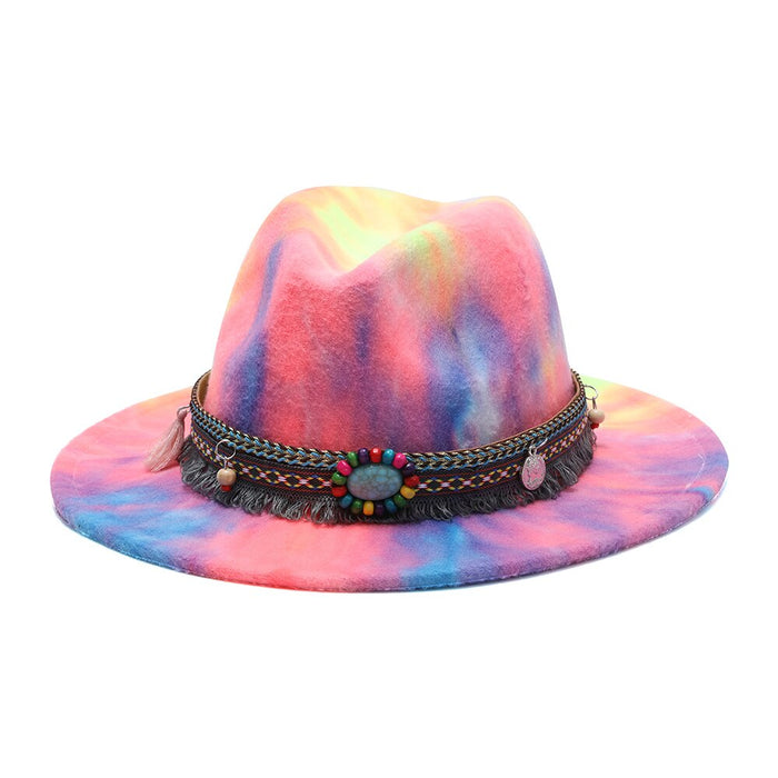 Colorful Tie Dye Wide Brim Jazz Style Abstract Fedora