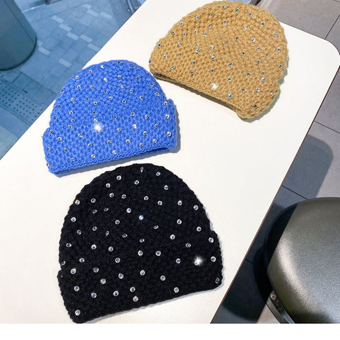 Solid Colored Wool Knitted Bedazzled Winter Beanie Hat