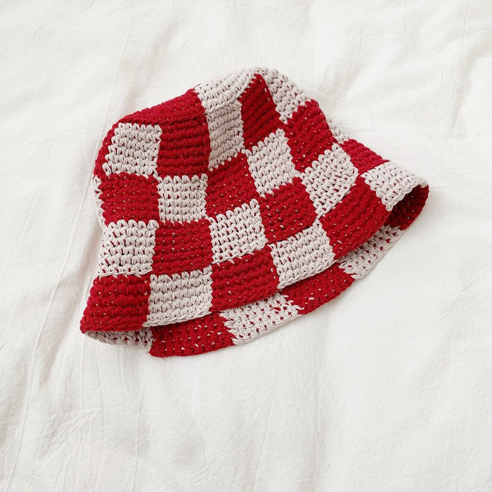 Pure Cotton Knitted Winterized Checkered Bucket Hat