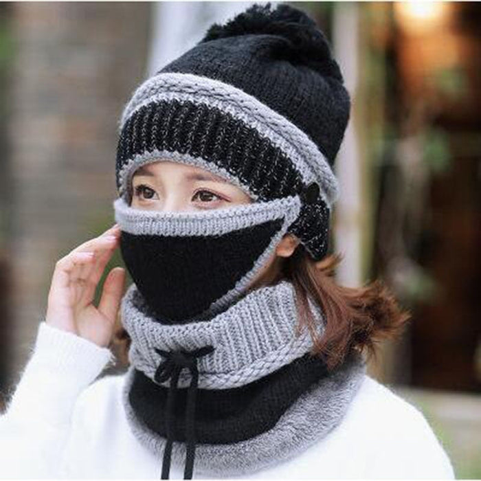 3Pcs Warm Fleece Knitted Scarf Mask Hat Outdoor Combo