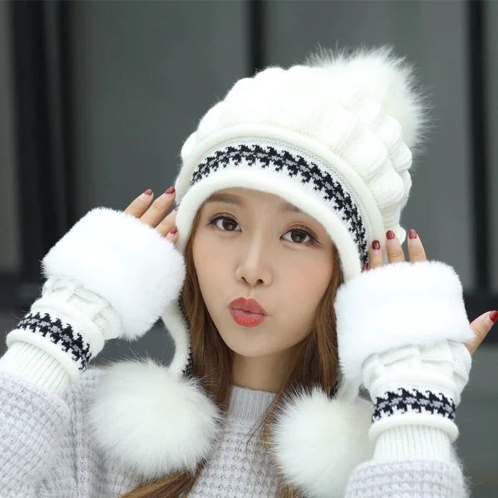 Thick Gloves And Beanie For Women Set