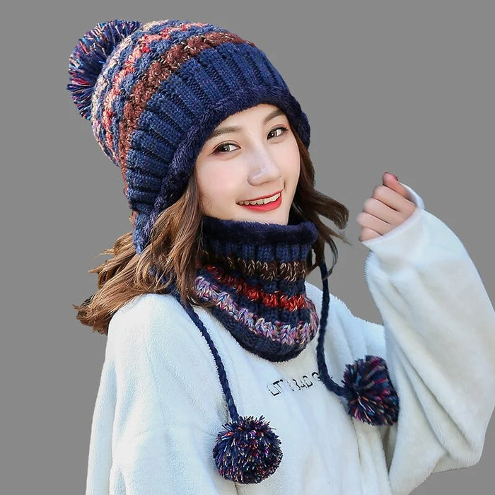 Fur Pom Pom Ball Knitted Winter Hat For Women