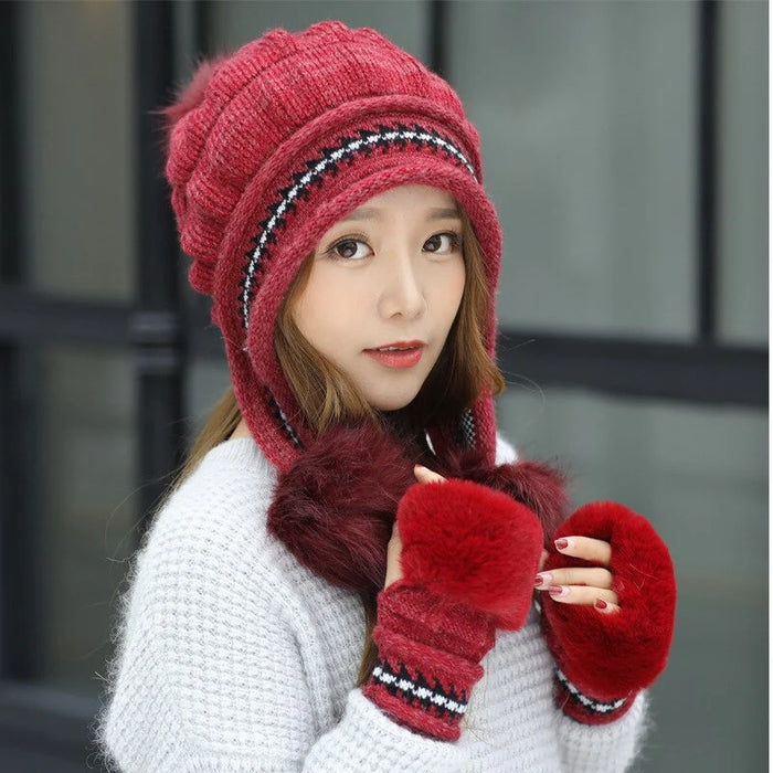 Thick Gloves And Beanie For Women Set