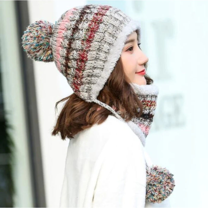 Fur Pom Pom Ball Knitted Winter Hat For Women