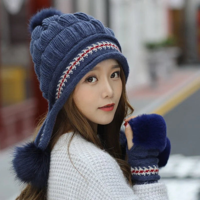 Thick Gloves And Beanie For Women Set