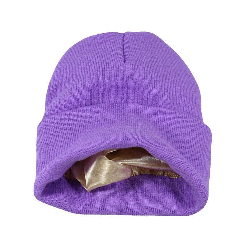 Winter Silk Satin Lined Solid Knitted Beanie Hats