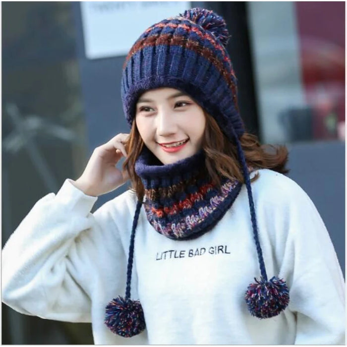 Fur Pom Pom Ball Knitted Winter Hat For Women
