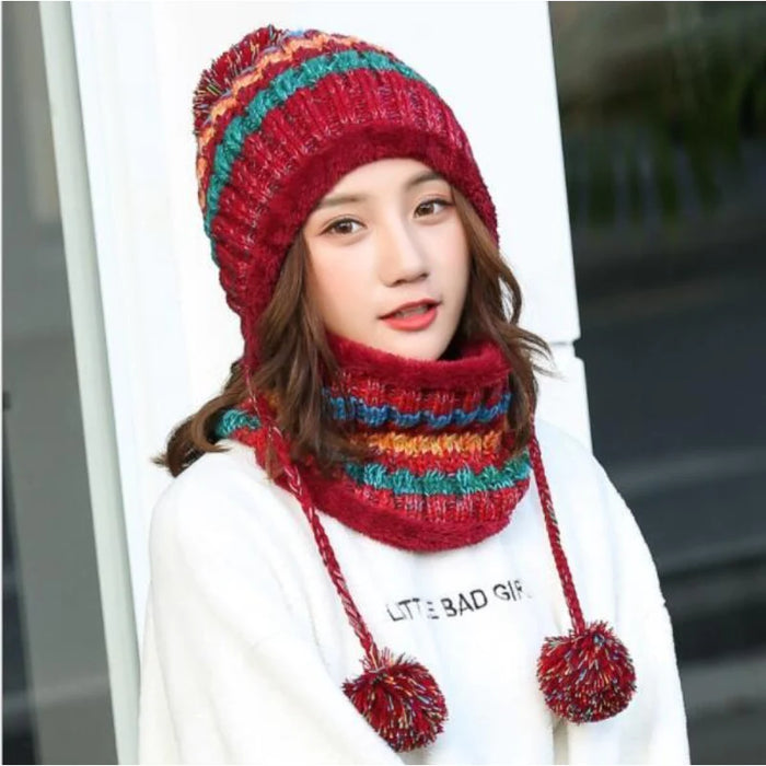 Fur Pom Pom Ball Knitted Winter Hat For Women