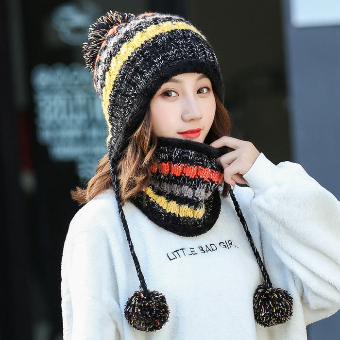 Fleece Mask Scarf Pompom Beanie