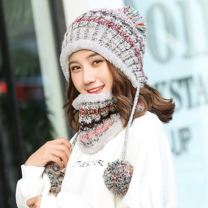 Fleece Mask Scarf Pompom Beanie