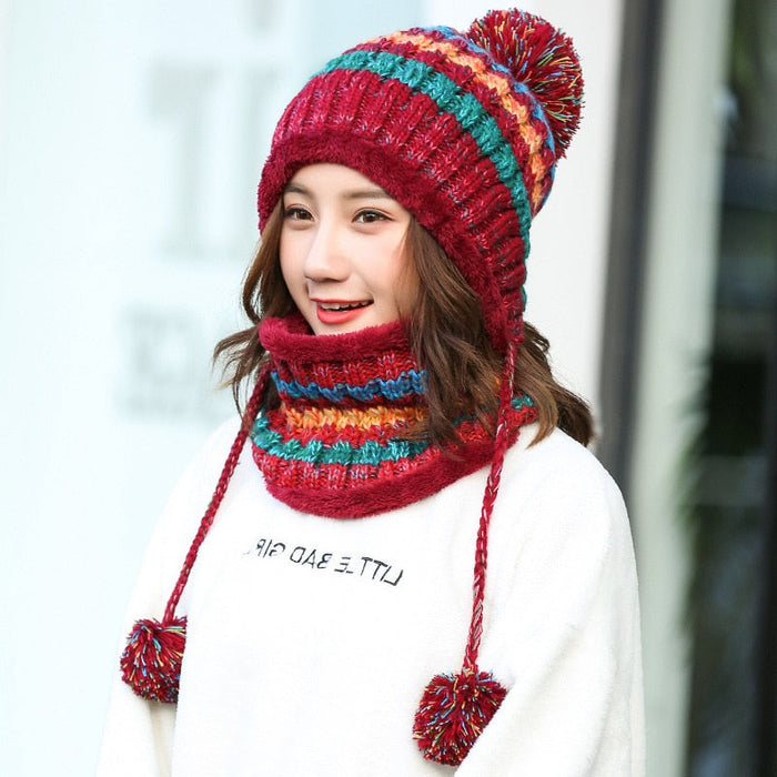 Fleece Mask Scarf Pompom Beanie