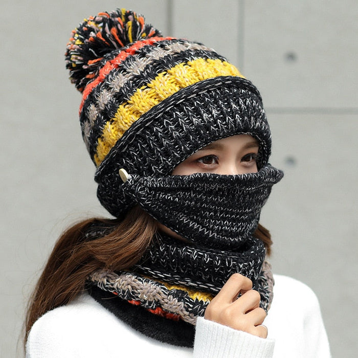 Fleece Mask Scarf Pompom Beanie