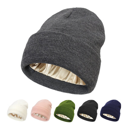 Winter Silk Satin Lined Solid Knitted Beanie Hats